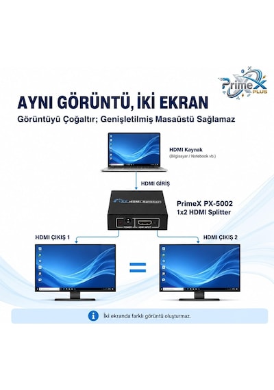 Primex Px-5002 2 Port Hdmı Splitter, 1 Giriş 2 Çıkış Adaptörlü Hdmı Çoklayıcı, 1080p 2k 4k Fhd 3d Görüntü Dağıtıcı, Pc Laptop Uydu Alıcı Ps5 Xbox Dvr Nvr Tv Box İçin Aynı Görüntü Ekran Çoğaltıcı