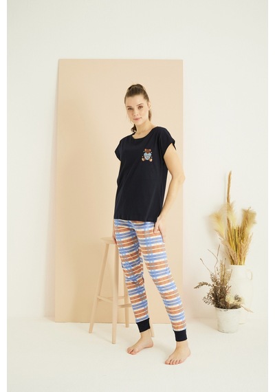 Siyah İnci Pamuklu Bisiklet Yaka Örme Pijama Takım25107135 Lacivert