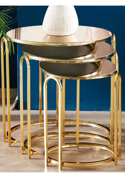 Zigon Sehpa Bronz Ayna Lenka Yuvarlak 3'lü Gold Metal Sedaş-lenka-zigon-gold Altın - Bronz