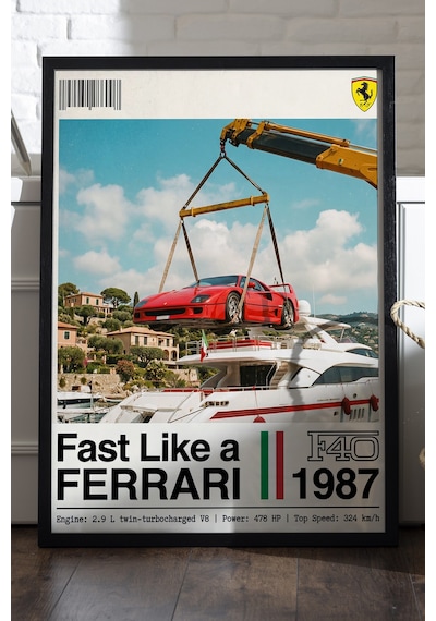 Ferrari F40 Siyah Ahşap Çerçeveli Poster, Dekoratif Araba Duvar Tablosu