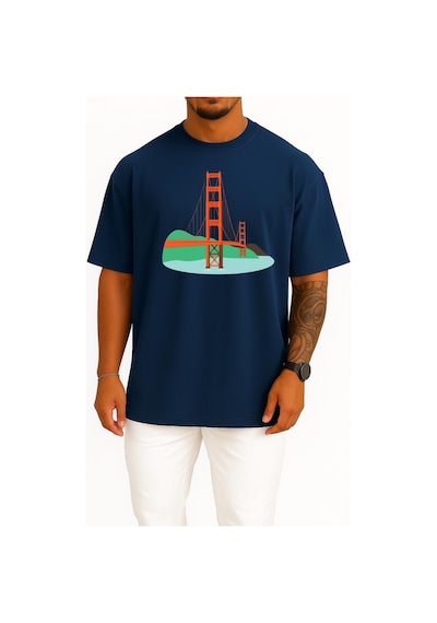 Bahriyeli Collection Oversize Golden Gate Köprüsü, San Francisco Göğüs Tasarımlı Unisex T-shirt Lacivert