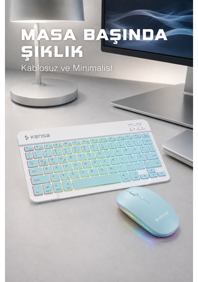 Tablet Ve Bilgisayar İçin Rgb Led Işıklı Taşınabilir Kablosuz Bluetooth Klavye Ve Dongle'lı Mouse Seti Mavi