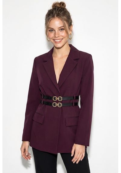 Shade Kadın Astarlı Çift Kemer Detaylı Klasik Blazer Ceket 8151 60286140 - Mürdüm