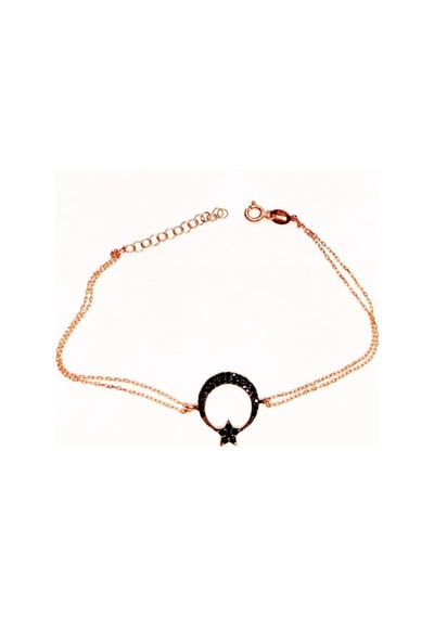 Oriental Kuyumculuk Jewellery Siyah Taşlı Ay Yıldız Rose Gümüş Bileklik Rose