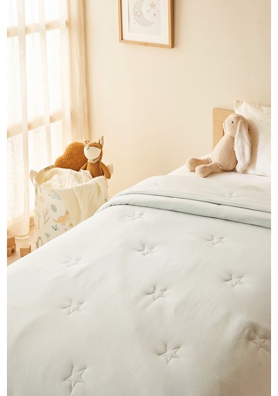 Ocean Home Textile %100 Pamuk Penye Mint Yıldız Nakışlı Çocuk Tek Kişilik Çok Amaçlı Örtü 155 X 215 Cm Mavi