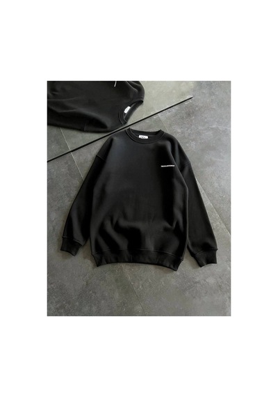Kadın 3 İplik Kışlık Pamuklu Bisiklet Yaka Oversize Baskılı Sweatshirt - Siyah