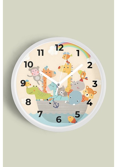 Gemideki Sevimli Hayvanlar Modern Tasarım Çocuk Odası Duvar Saati - 30cm - Önü Camlı Beyaz Kasa Beyaz