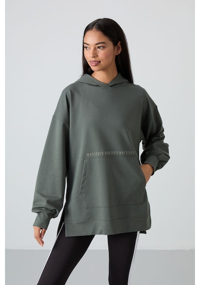Tommy Life Çağla Balon Kol Yazı Nakışlı Kadın Oversize Tunik Sweatshirt - 97163 Çağla