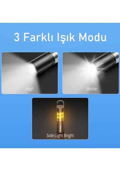 Valkyrie Şarjlı Kamp Feneri El Feneri Type-c Şarjlı Cob Yan Işıklı 3 Modlu Zoomlu Karabinalı Siyah