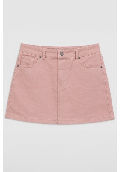 Blue White %100 Pamuk Yüksek Bel Mini Jean Etek Pembe