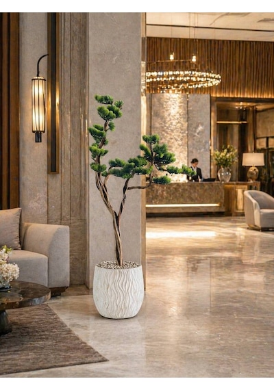 Lüks Yapay Bonsai Çam Ağacı - 170cm Özel Tasarım Kıvrımlı Gövde - Modern Zen Saksılı Dekoratif Ağaç Çok Renkli