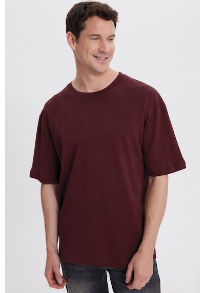 Tudors Unisex Oversize Geniş Kesim %100 Pamuk Yumuşak Dokulu Basic Bisiklet Yaka Bordo Tişört-40053 Bordo