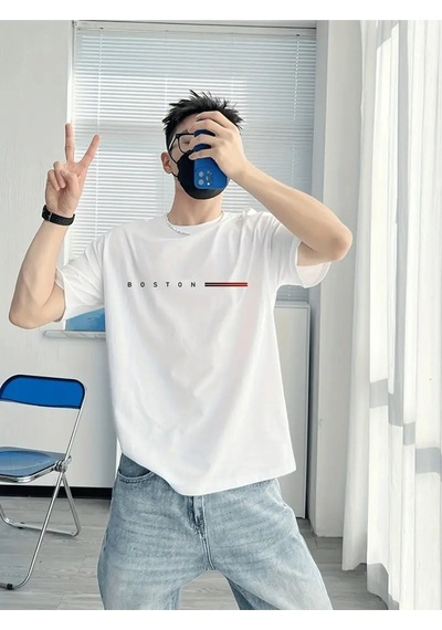 Flood Of Style Erkek Beyaz Boston Çizgi Baskılı Oversize T-shirt