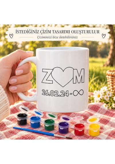 Almera Craft Sevgililere Özel Çizimli Boyanabilir Porselen Kupa Ve 6 Renk Boya Seti Beyaz - Beyaz
