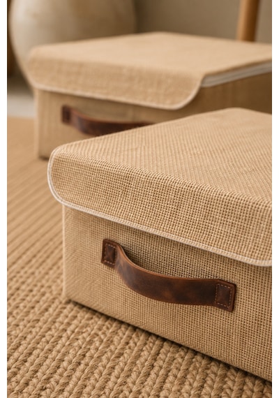 2'li Kapaklı Jüt Düzenleyici M Boy 30x23x13 Cm Dolap İçi Raf Tekstil Banyo Organizer Saklama Kutusu Kahverengi