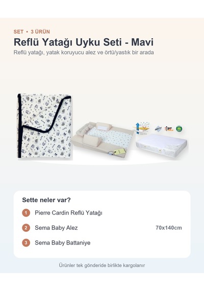 Reflü Yatağı Uyku Seti 3 Parça: Reflü Yatağı + Sema Baby Alez + Sema Baby Battaniye - Mavi