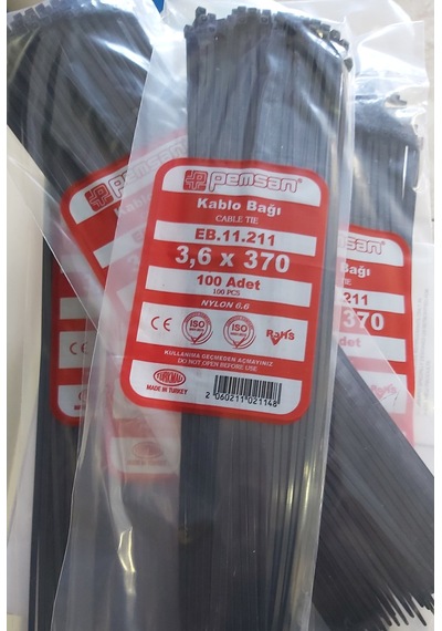 Pemsan 3.6 x 370 Plastik Cırt Kelepçe Kablo Bağı Siyah 100'lü Paket