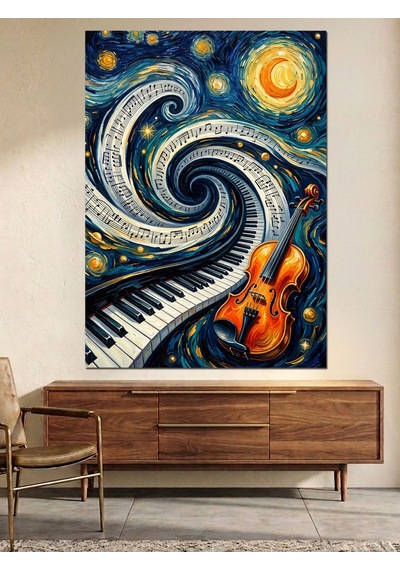 Piyano Ve Keman Ve Müzik Notalı Gece Dekoratif Kanvas - Mdf Ahşap Tablo Çok Renkli