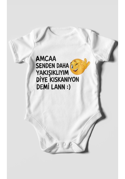 Morivokids Amaa Senden Daha Yazılı Kısa Kollu Bebek Body %100 Pamuk Beyaz