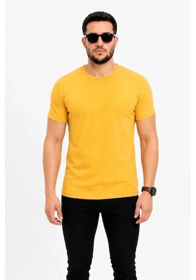 Defymoda Erkek Basic Tişört Bisiklet Yaka Kısa Kol Günlük Yazlık Slim Fit T-shirt - Sarı