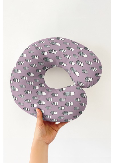 Kaktüs Desenli Ergonomik Boyun Yastığı - Modern Pastel Lila Yeşil Seyahat Yastığı Açık Ayışığı Şarap