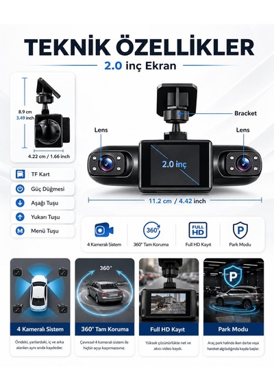 Cmr-161 4 Kannalı Araç İçi Kamera Sistemi Full Hd 1080p Gece Görüşlü 170 Derece Geniş Açı G-sensör 2.0inç Ekranlı