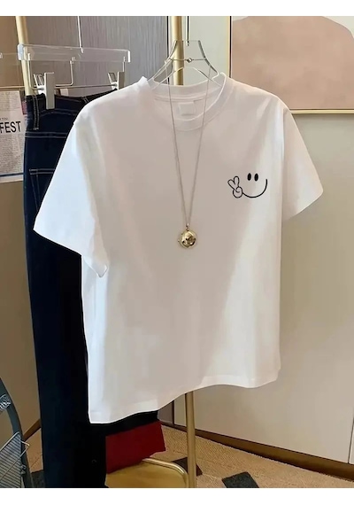 Kadın Gülücük Baskılı Tişört Kısa Kol Bisiklet Yaka Oversize T-shirt - Beyaz