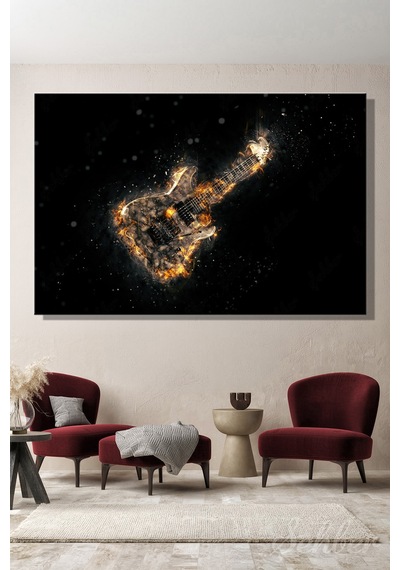 Yatay Kanvas Tablo Tekli Ev Kafe Bar Ofis Siyah Fonda Alevler İçinde Elektro Gitar Dijital Sanat 2626