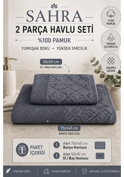 Sahra 2'li Banyo Havlu Seti Havlu Banyo Havlusu I Hamam Seti I Çeyiz Havlusu 70 X 140 Cm - 50 X 90 Cm Antrasit