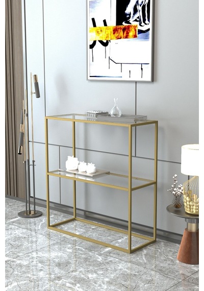 Berra Camlı Metal Dresuar Dekoratif Raflı Kahve Köşesi Konsol Gold