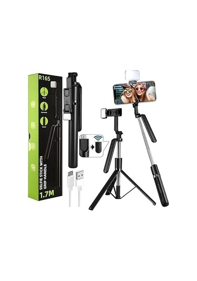 R16s 170cm Selfie Stick, Led Işıklı, Bluetooth Uzaktan Kumandalı, 360 Derece Rotasyonlu, Tripod Özçekim Çubuğu, Diğer
