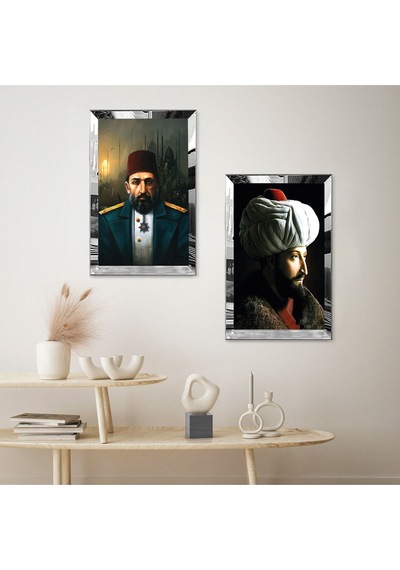 Gümüş Aynalı Pleksi Çerçeveli Fatih Sultan Mehmet Ve Padişah Abdülhamid İkili Mdf Tablo Seti