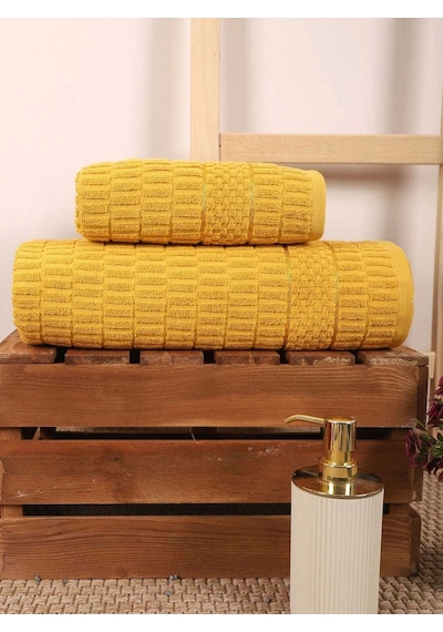 2 Parça Banyo Havlu Takımı %100 Pamuklu Çubuk Desen Sarı Çok Renkli