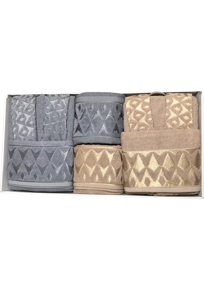 Royam Cotton Paris Jakarlı Pamuklu 6 Parça Aile Bornoz Seti Gri