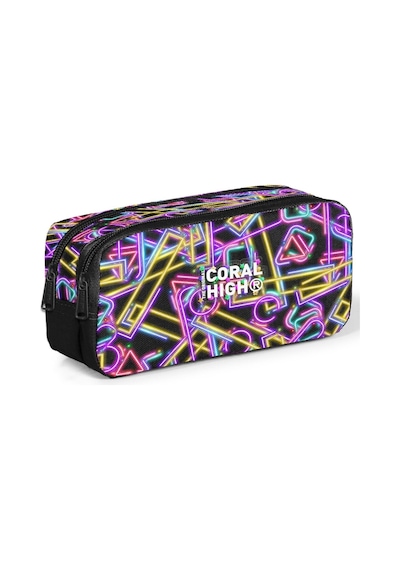 Coral High Kız Çocuk Siyah Çok Renkli Neon Desenli İki Bölmeli Kalem Çantası/kalemlik 31048 Pembe - Siyah