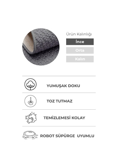 Valar Renkli Salon Halısı Özel Ölçü Seçeneği, Toz Tutmaz, Kolay Temizlik, Robot Süpürgeye Uyumlu Gri