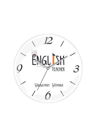 Kişiye Özel English Teacher Mezun Çap 30 Bombeli Gerçek Cam Duvar Saati Siyah