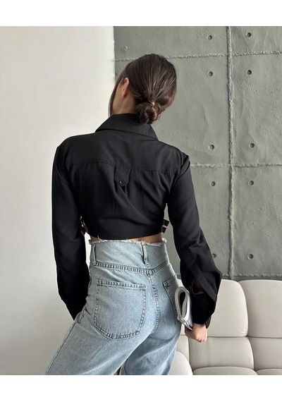 Defymoda Yanı Kemer Detaylı Crop Gömlek Siyah S4009 Siyah