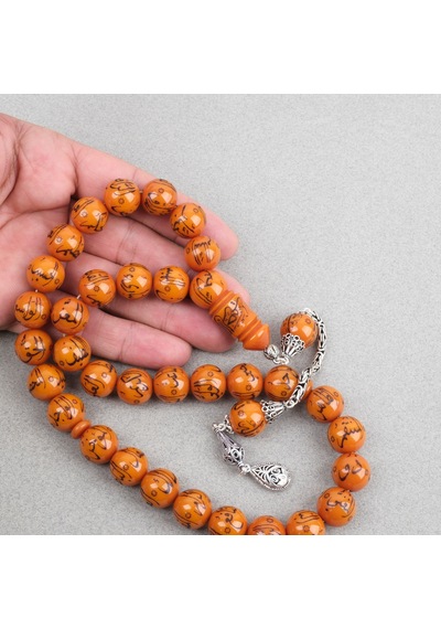 Sıkma Kehribar Allah Cc 99 İsmi Yazılı 925ayar Gümüş Püsküllü Küre Kesim 14mm Tesbih Turuncu