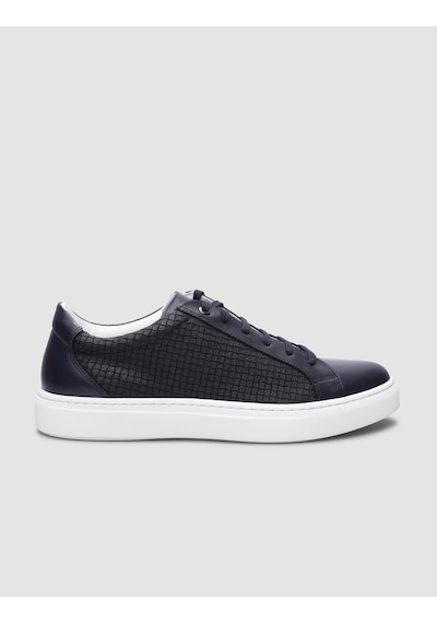 %100 Hakiki Deri Lacivert Kare Desenli Bağcıklı Erkek Sneaker-lacivert Lacivert