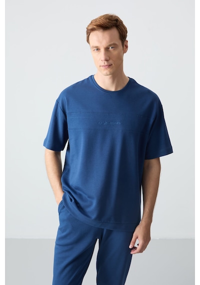 Tommy Life Parlament Pamuklu Kalın Yumuşak Dokulu Oversize Fit Basic Erkek Eşofman Takım - 85261 Mavi