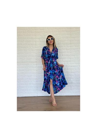 Asur Boutique Asur Butik Kadın Çiçek Desenli Renkli Viskon Kumaş Yırtmaçlı Elbise Mor