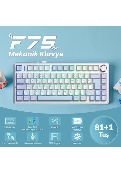 Aula F75 Mekanik Rgb Tkl Graywood V4 Switch Kablosuz Makrolu Hot Swap Türkçe Q Klavye Buz Mavisi