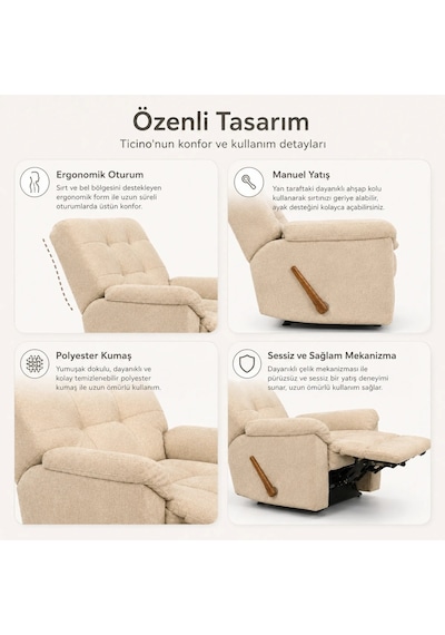 Smarto Relax Ticino Manuel Mekanizmalı Ergonomik Tv Koltuğu Berjer Baba Koltuğu Ekru