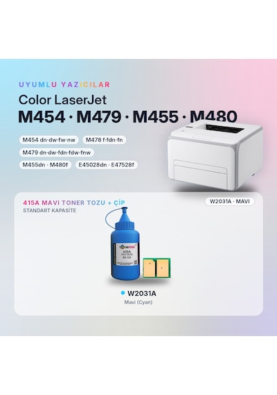 Hp 415a W2031a Toner Tozu + Çip Mavi 80gr / Color Laserjet Pro M454 / M479 Enterprise M455 / M480