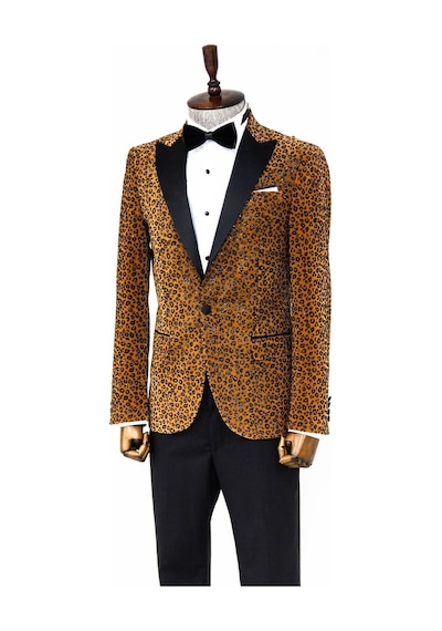 Wessi Leopar Desenli Slim Fit Dik Yaka Sarı Erkek Balo Ceket Sarı