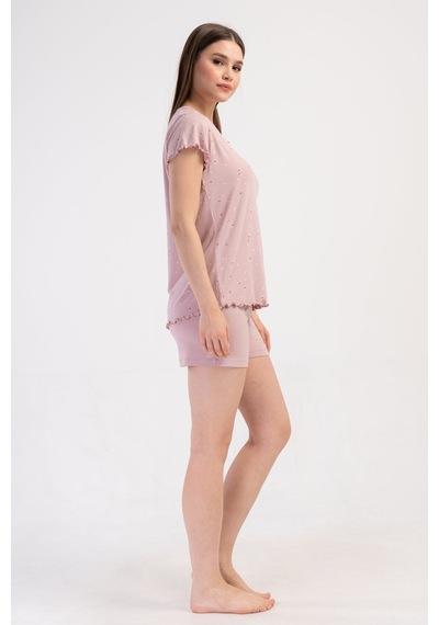 Yake Store Kadın Lyc Vıscon Xxl Kayık Yaka Fıyonklu Kısa Kol Bıbılalı Etegı Oval Sort Takım - Rosebloom Pembe