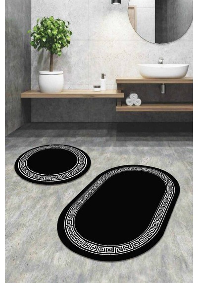 Siyah Çerçeve Temalı Oval Banyo Klozet Paspas Seti Bs076n11