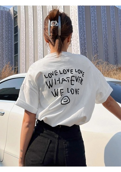 Startmore Kadın Beyaz Love Love Love Baskılı Oversize T-shirt Beyaz