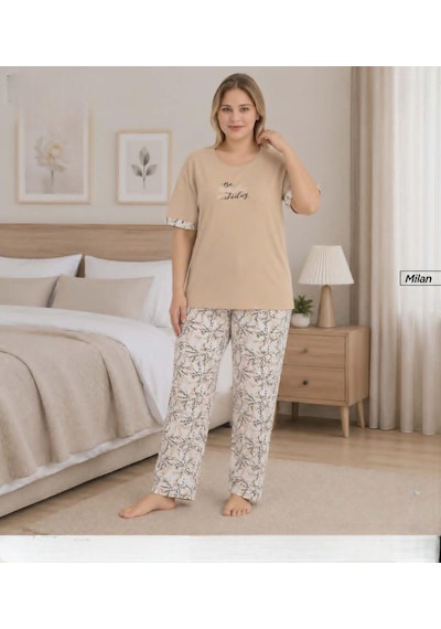 Pijamoni Kadın Milan Büyük Beden Bisiklet Yaka Kısa Kol İnce Pijama Takımı 7665/3b - 1 Adet Bej Pijamoni Kadın Milan Büyük Beden Bisiklet Yaka Kısa Kol İnce Pijama Takımı 7665/3b - 1 Adet Bej